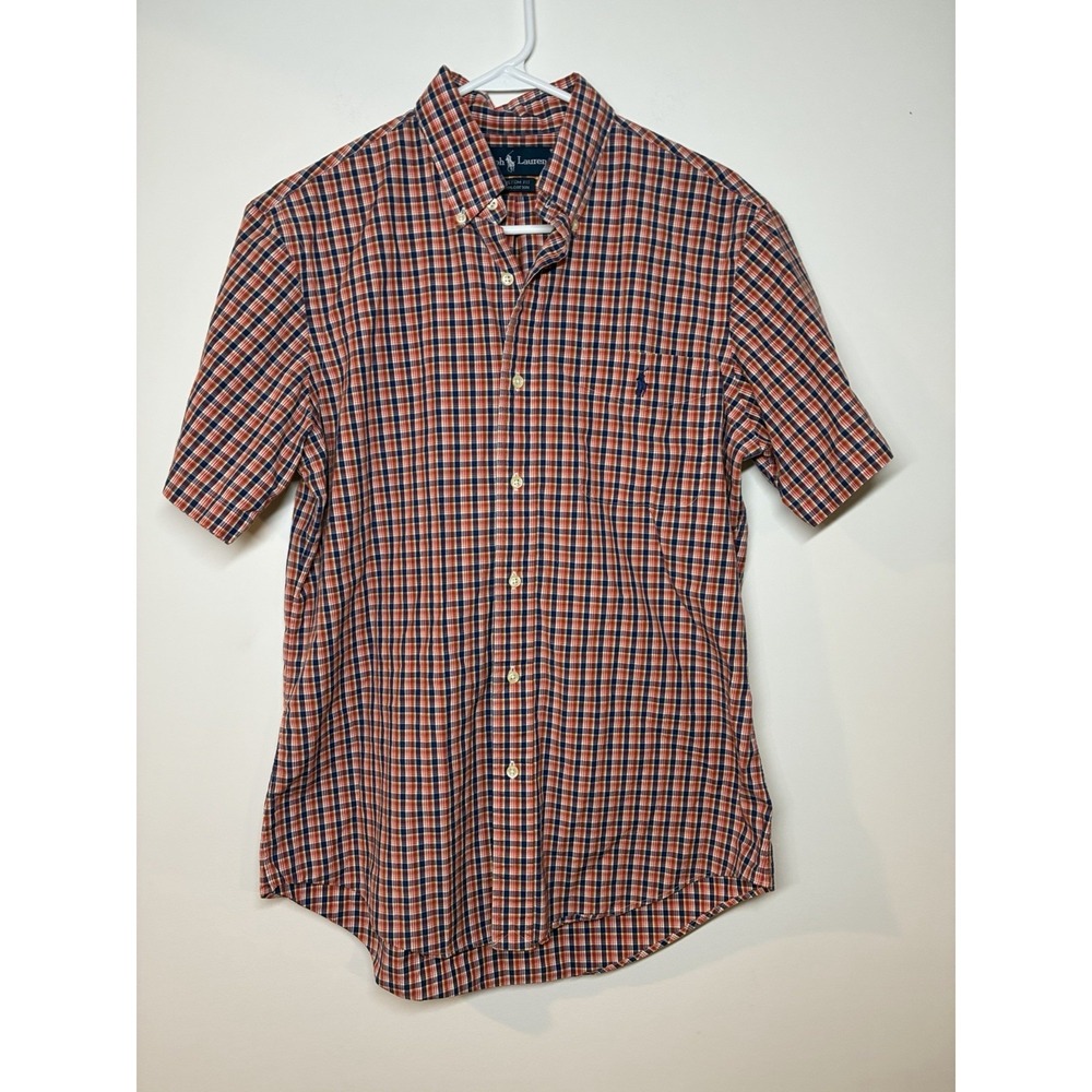 Ralph Lauren Classic Fit Orange Plaid Button Down Shirt Short Sleeve Polo Pony M